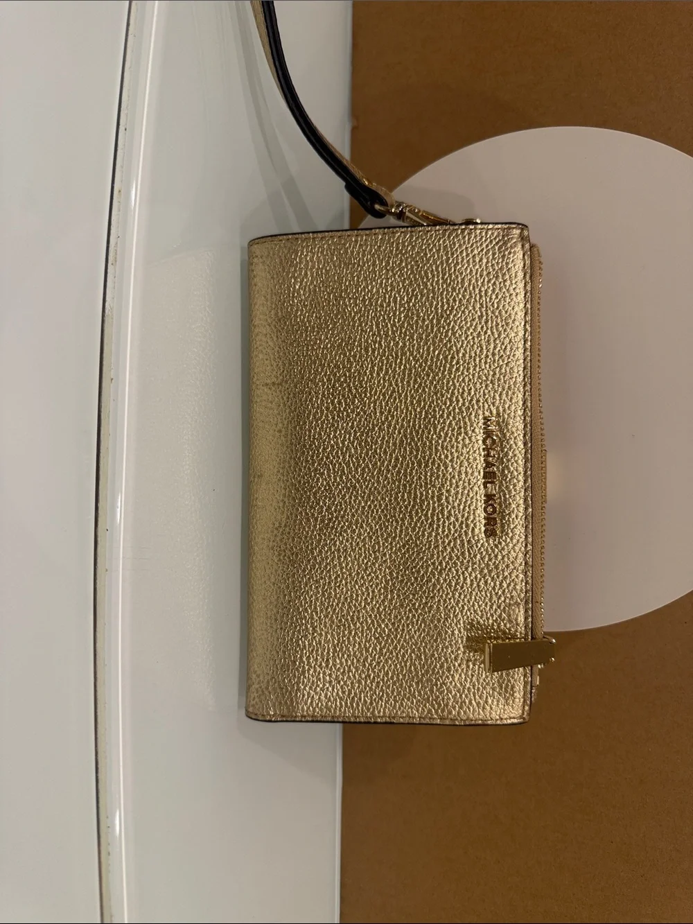 Michael Kors Metallic Gold Leather Wristlet Clutch new with tag women